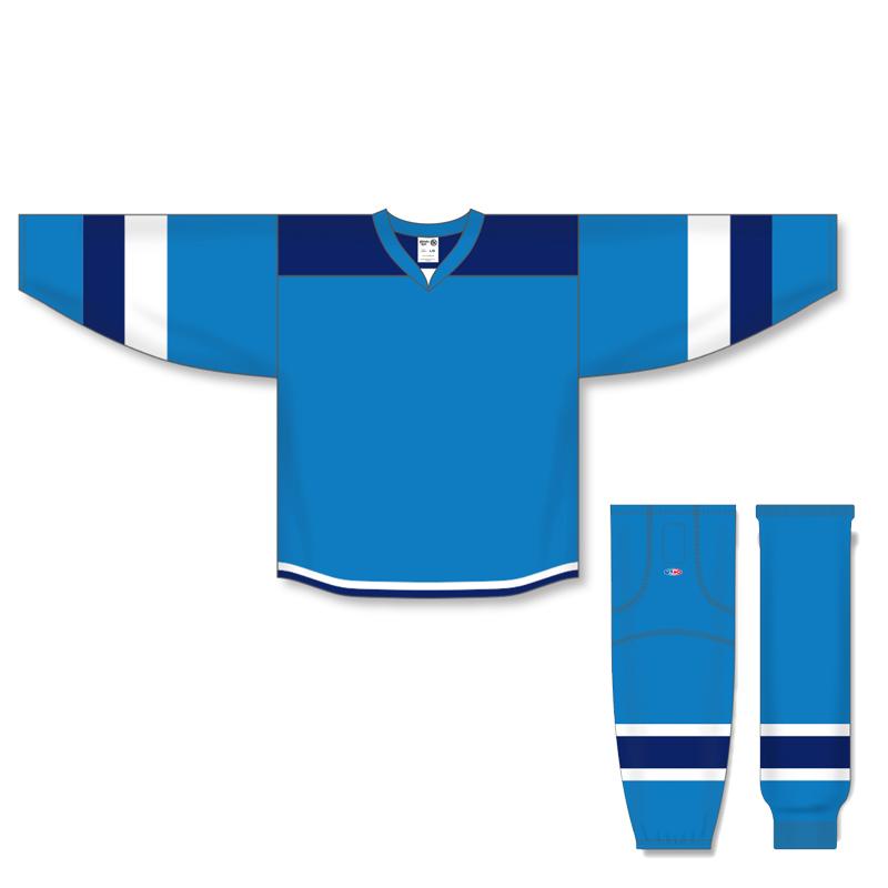 Athletic Knit Custom Pro Blue/Navy/White 7400 Jersey - Discount Hockey