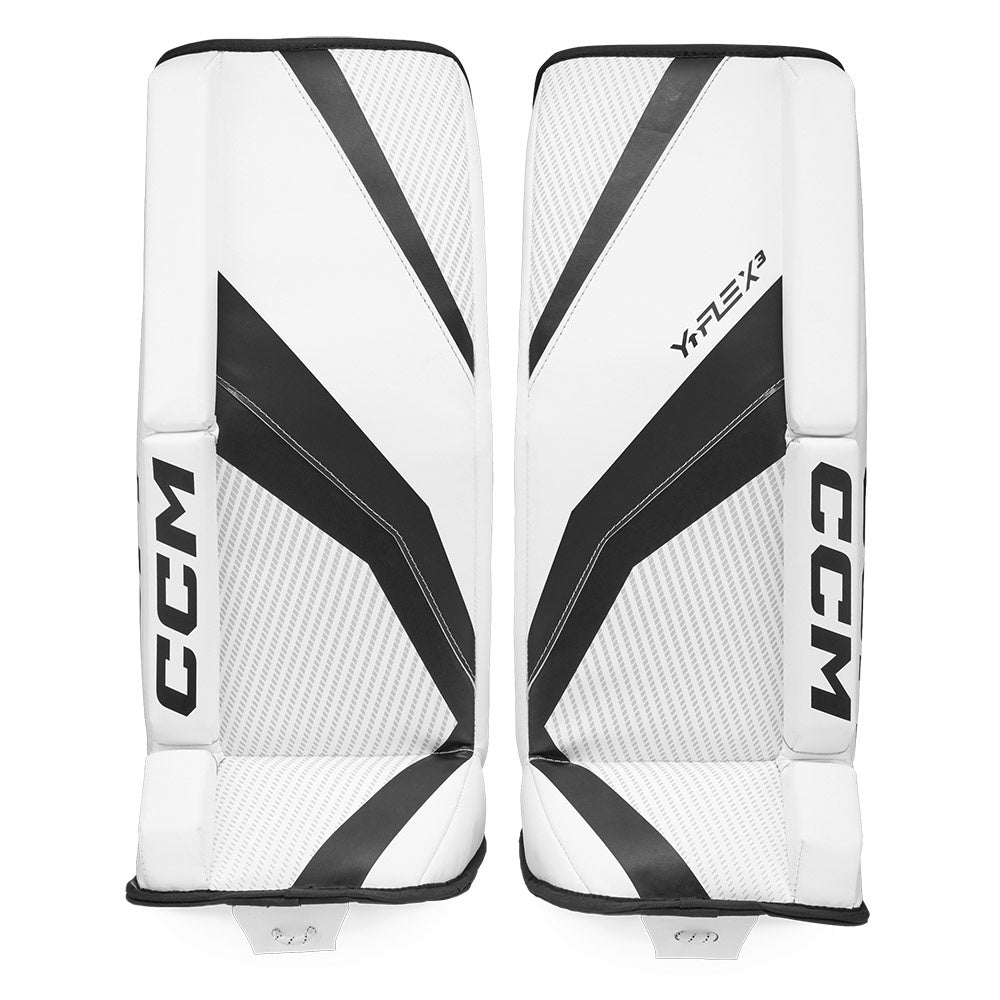ice hockey goalie gear CCM YTFlex 3 Goalie Leg Pads - Youth - White/Black