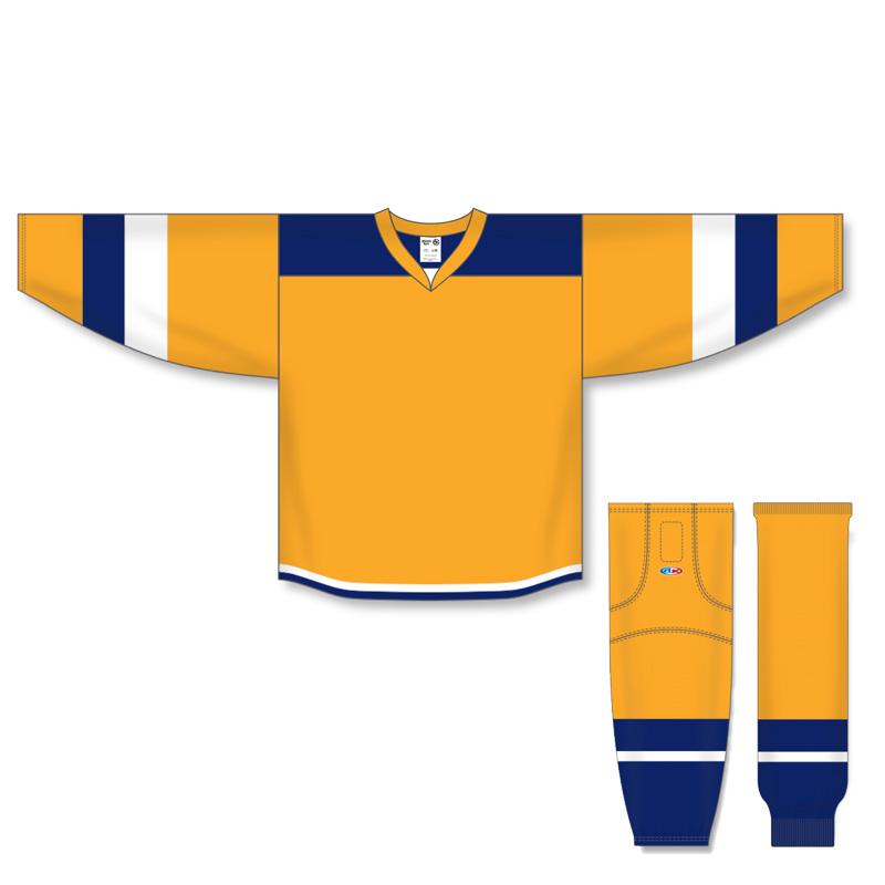 Athletic Knit Custom Gold/Navy/White 7400 Jersey - Discount Hockey